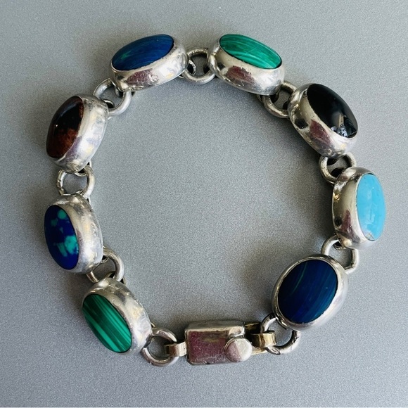 Mexico Multi Gemstone Oval Link Sterling Silver 950 Bracelet Vintage